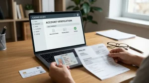 Identity card, residence document and payment card arranged beside a laptop on a desk