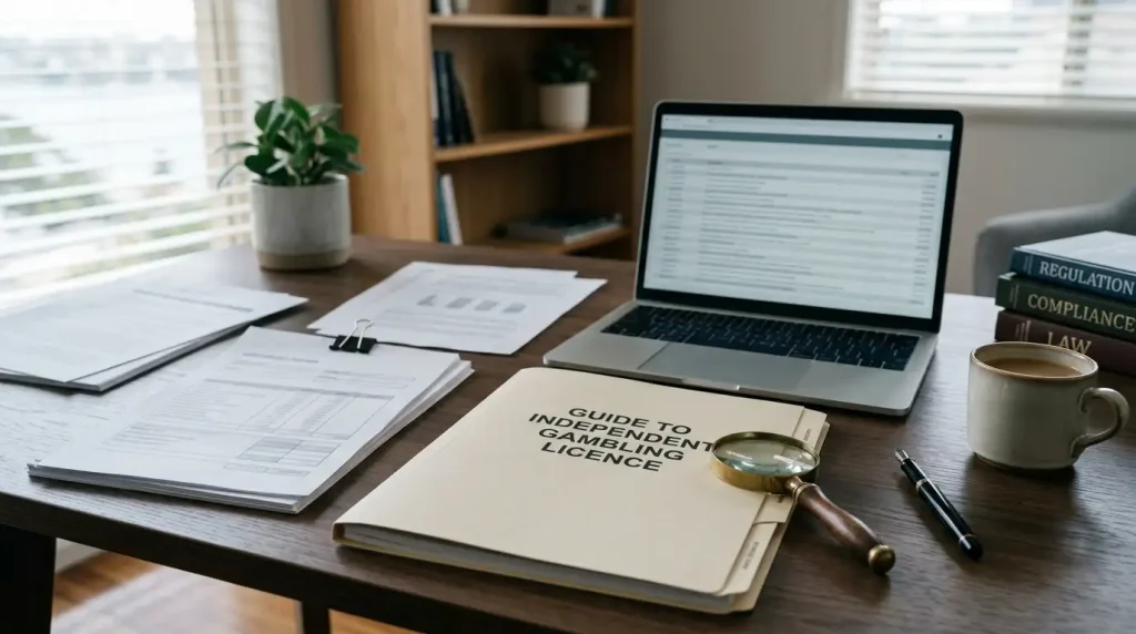 Regulatory documents, a laptop and a magnifying glass arranged for a licence check