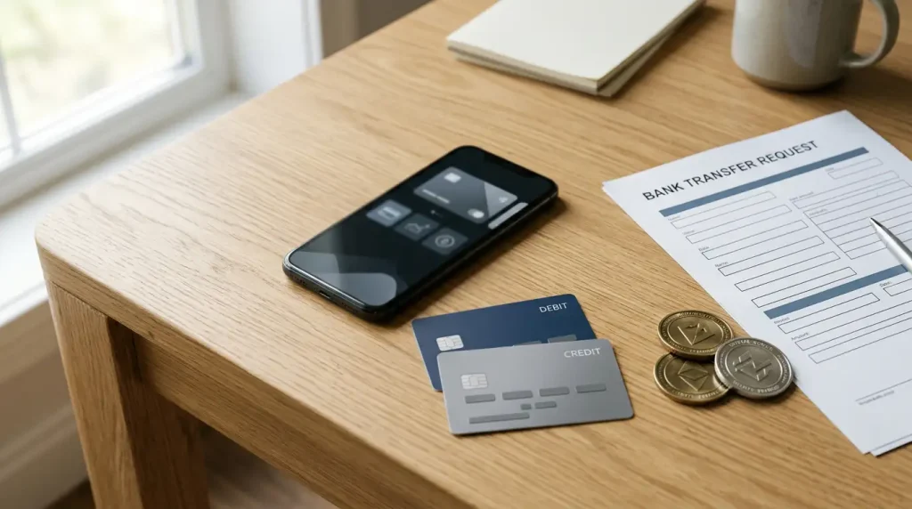 Payment cards, a mobile wallet device and abstract digital-asset tokens on a desk