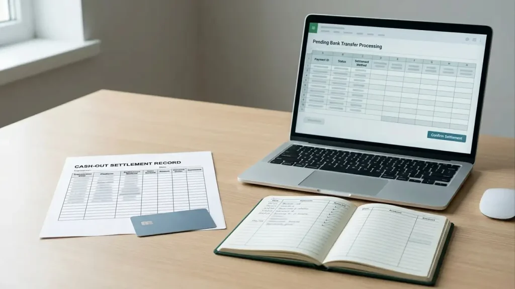 Bank transfer document, payment card and settlement ledger beside a laptop