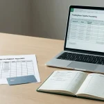 Bank transfer document, payment card and settlement ledger beside a laptop